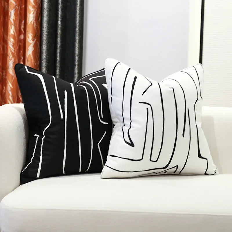 Nordic Black White Abstract Line Cushion Cover Cotton and Linen Decorative Pillow Cover Throw Pillowcase for Sofa and Bed