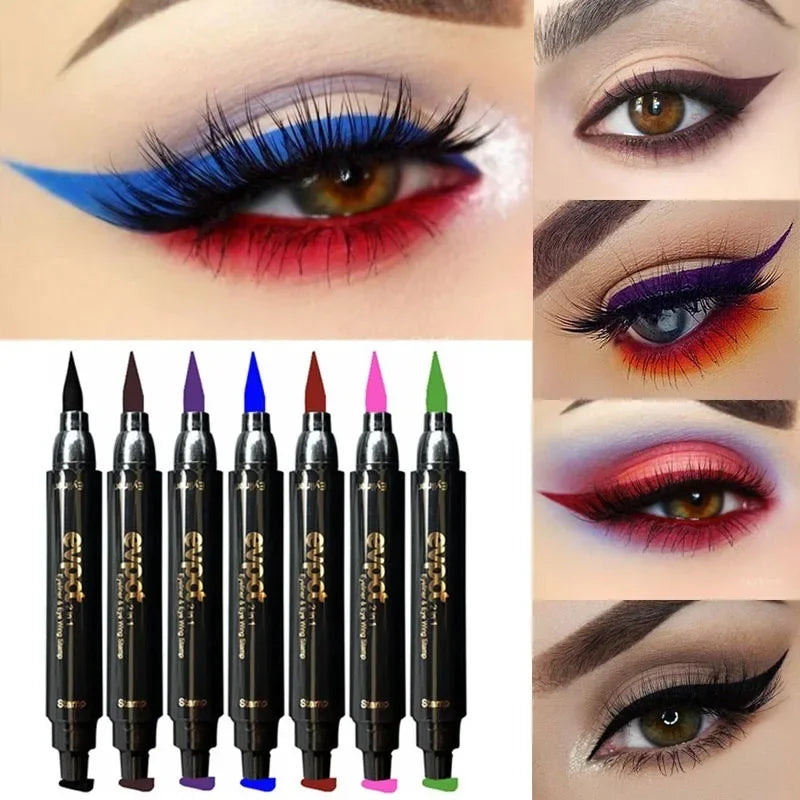 2 In1 Liquid Glitter Eyeliner Stamp Thin Seal Makeup Black Red Green Fast Dry Eye Liner Pencil 7 Color Blue Brown Smoky Eyes