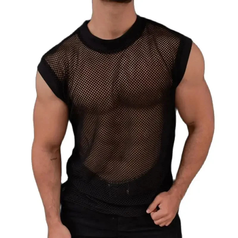Sexy See Through Mesh Tank Tops Men Summer Fashion O Neck Loose Camisoles Mens Casual Breathable Hollow Out Sleeveless T Shirts
