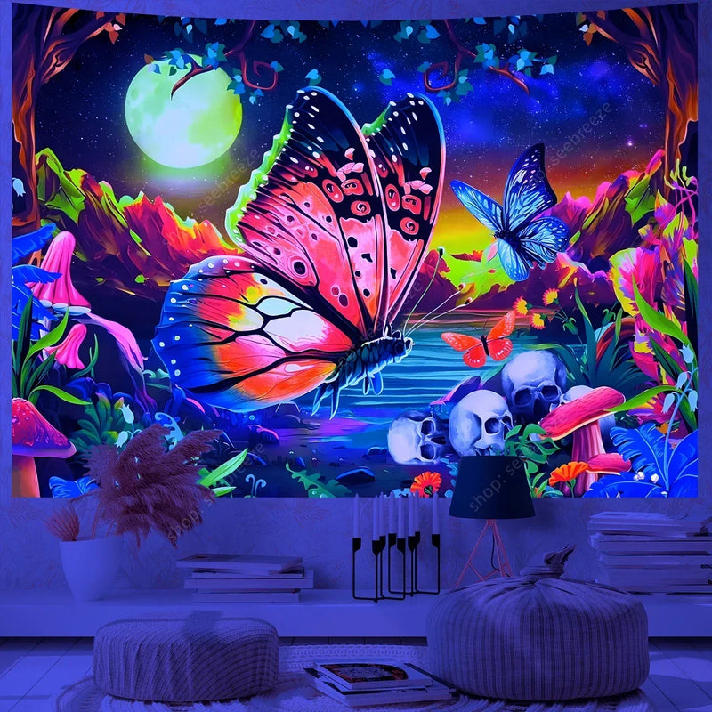 Butterfly Flower UV Reactive Tapestry Wall Hanging Hippie Boho Room Decor Aesthetic Psychedelic Home Dorm Wall Decor Party Decor