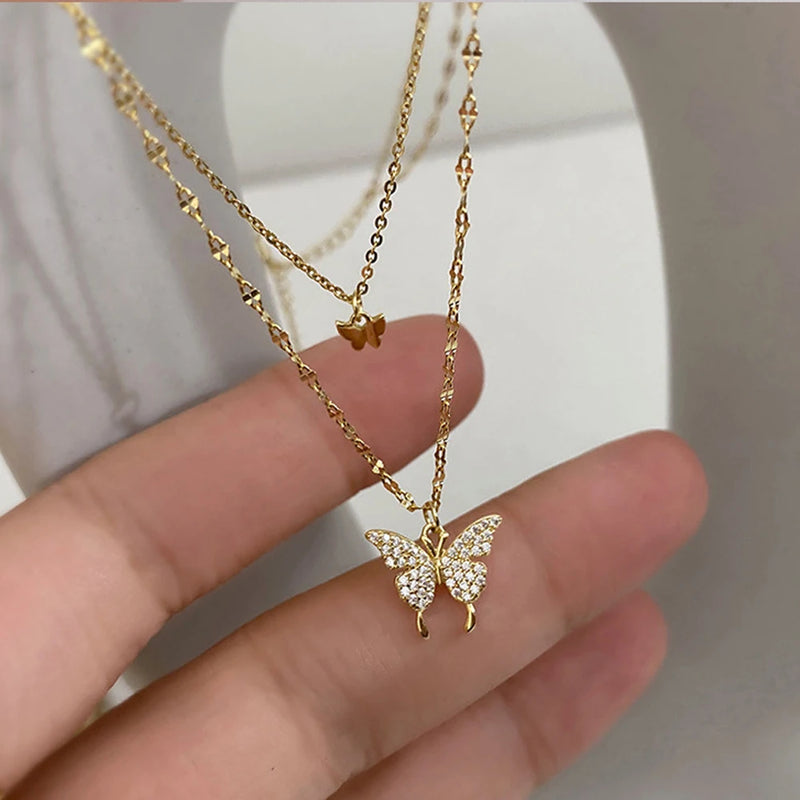 SUMENG 2024 Simple Double Layer Star Moon Charm  Multilayered Necklace Delicate Clavicle Chain Zircon For Women Fashion Jewelry