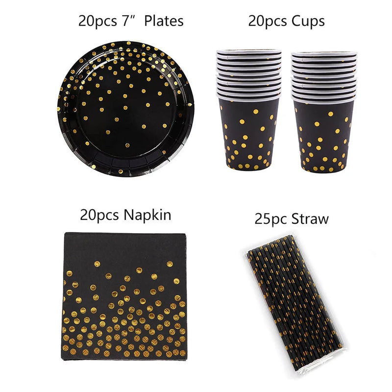 Black Golden Dot Disposable Tableware Set Plate Straws Paper Cup Birthday Christmas Halloween Baby Shower Wedding Party Decor