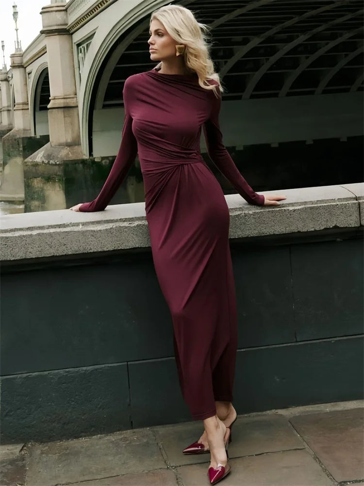 Tossy Fashion Autumn Pleated Long Dress Female High Waist Slim Bandage Solid Elegant Commute Clothes Ladies Y2k Maxi Dress 2024