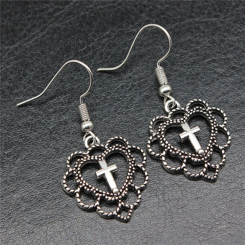 Fashion Simple Design Antique Silver Color Heart Cross Pendant Earrings Women Vintage Drop Earrings