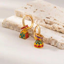 Ethnic Chinese Colorful Enamel Earrings for Women Retro Design Gold Plated Flower Shaped Multiple Wear Ways Luxury Jewelry Gifts