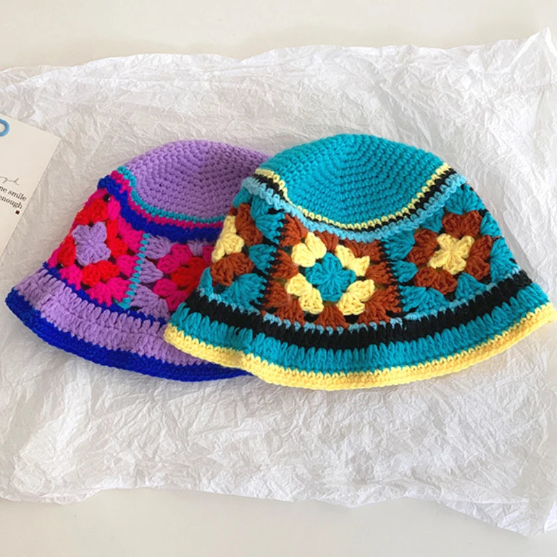 Retro Versatile Japanese Dopamine Rainbow Knitted Bucket Hats for Women Spring and Autumn Travel Fashion Casual Basin Cap