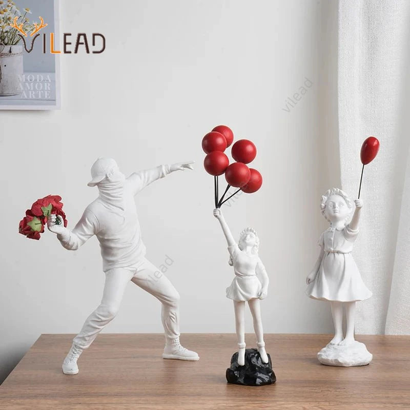 Vilead Banksy Sculpture Collection Flower Thrower Statue Pop Art Modern Balloon Girl Figurine Office Home Decoration Street