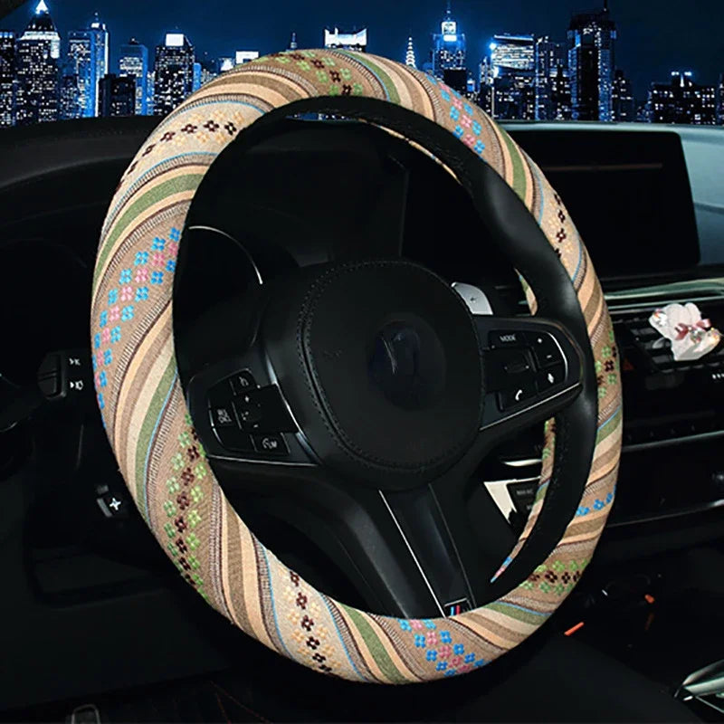 Car Steering Wheel Cover 38cm Universal Elastic National Wind Linen Car Steering Wheel Cover Breathable Non-slip Car Accessories