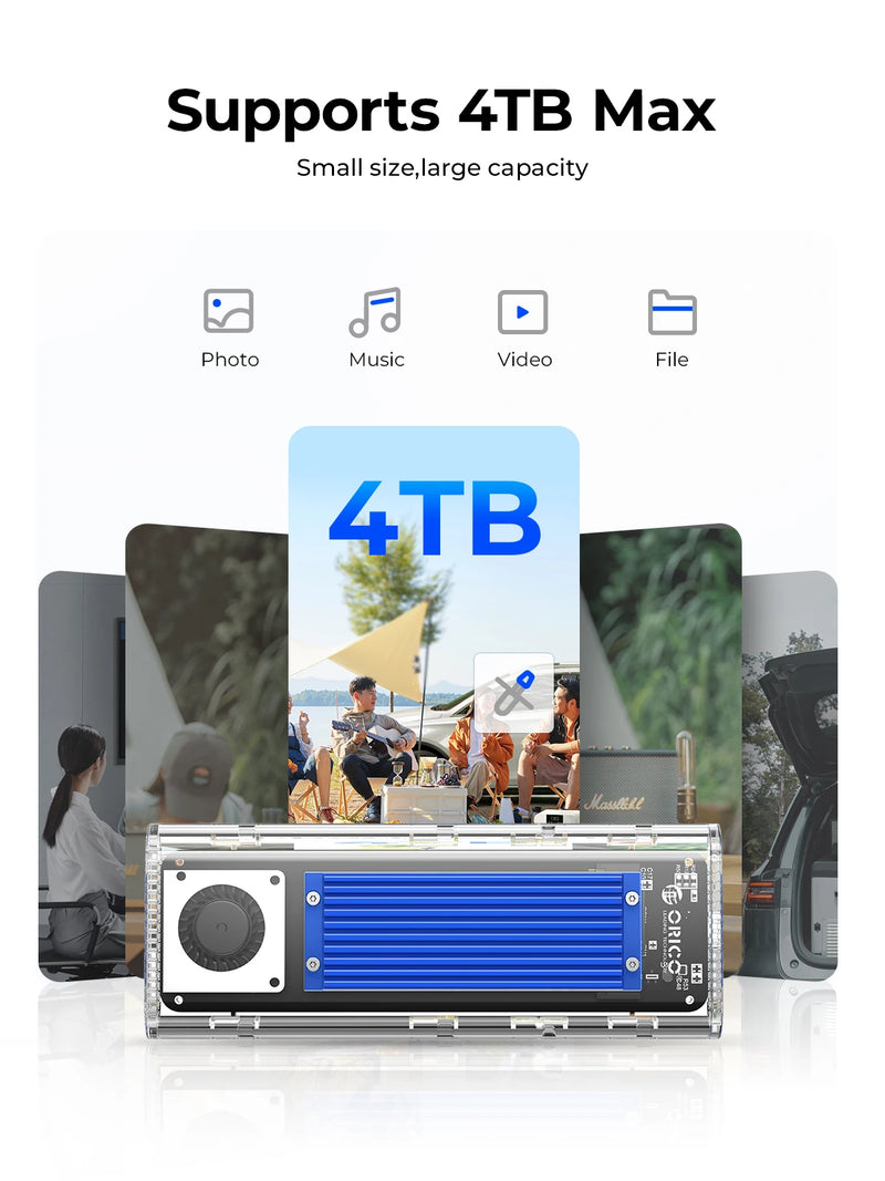 ORICO 20Gbps M.2 NVME SSD Case Enclosure with Cooling Fan USB 3.2 Gen 2 x 2 PCIE NVME Adapter Tool Free 4TB for PCIe M Key