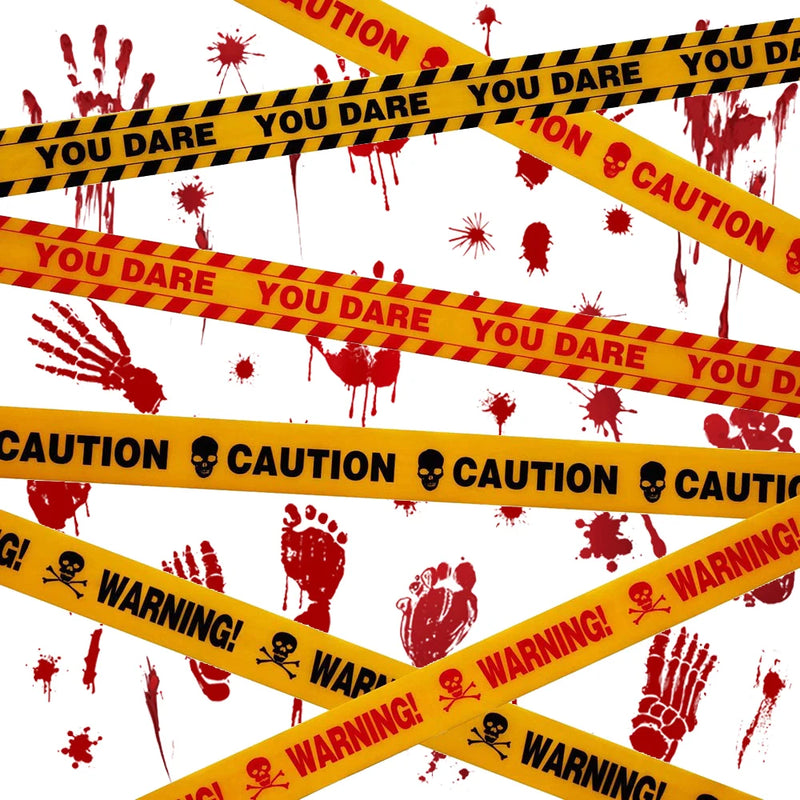 Halloween Warning Tape Wall Door Window Blood Handprint Footprint Stickers Halloween Theme Party Horror Scene Decor Supplies