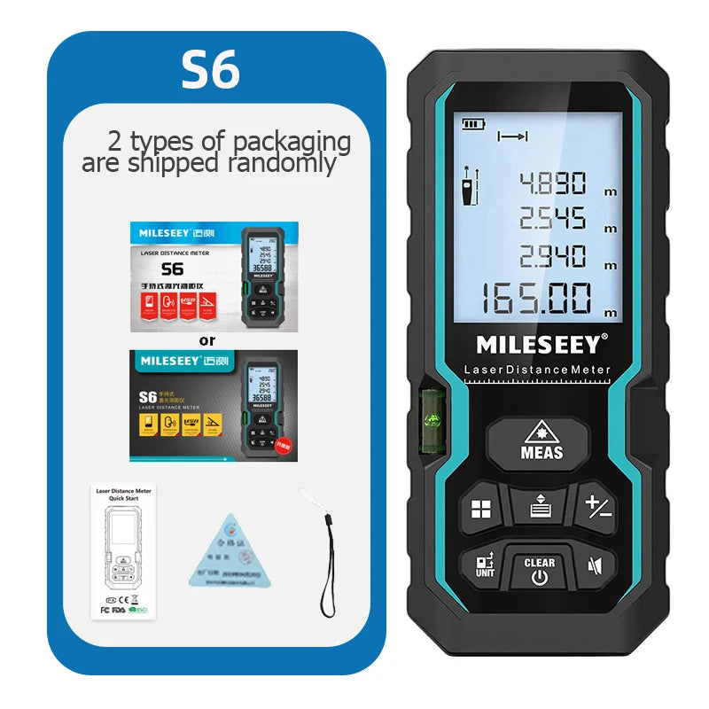 MILESEEY Laser Rangefinder S6 40M 60M 80M 100M Laser Diatance Meter IP54 Electronic Ruler Useful Measurement Tool
