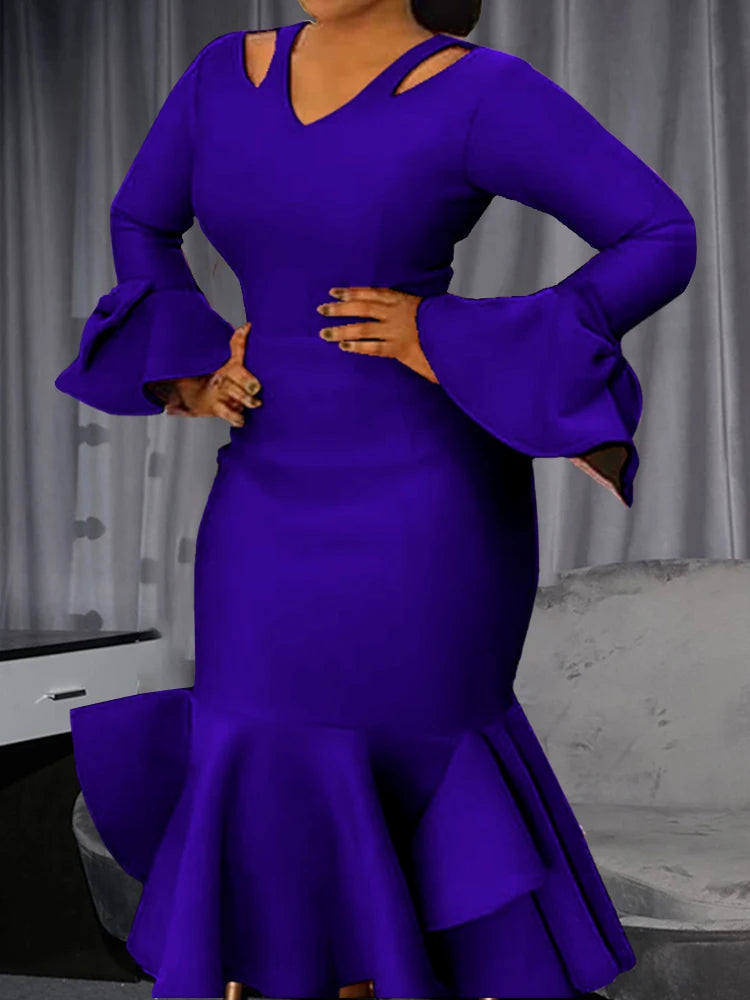 Aomei Elegant Bodycon Slim Party Dress V Neck Hollow Out Long Sleeve Bowtie African Female Wedding Guest Evening Occasion Gowns