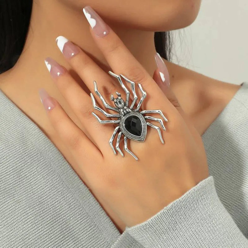 Gothic Crystal Ball Halloween Spider Finger Ring for Women Men Couple Unique Punk Jewelry Animal Party Daily Gift Accessories
