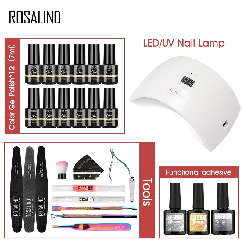 ROSALIND Nail Kit Manicure Set For Nail Gel Varnish Semi Permanent Lot 36W UV LED Lamp Nail Art machine Gel Polish Set