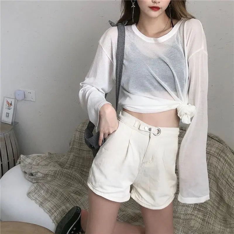Summer New Thin Ice Silk Long Sleeve T Shirt Tops O Neck Loose Versatile Youth Pullovers Simplicity Casual Women Clothing