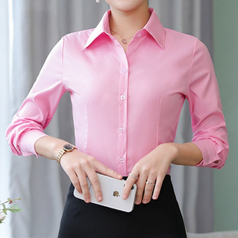 Elegant Women Shirts Woman White Shirt Long Sleeve Blouse Office Lady business Pink Shirts Button Solid Women work Blouses Tops