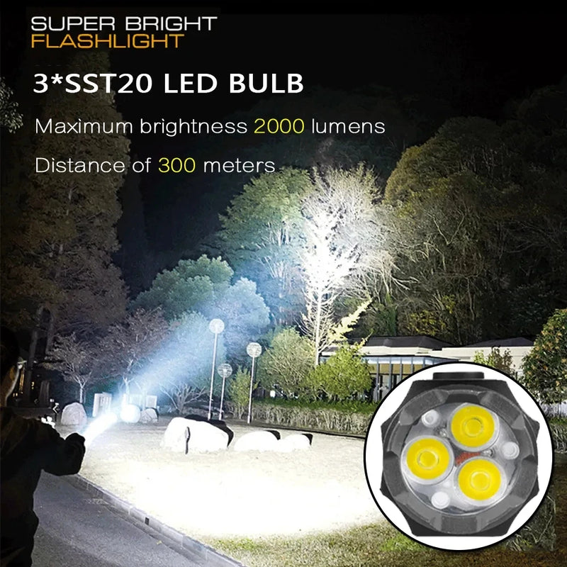 Powerful Mini  LED Flashlight 2000LM Super Bright Keychain Light USB Rechargeable Torch Camping Lantern with Power Indicator