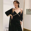 New Autumn Winter Velvet 3PCS Pajamas Set Sleepwear Sexy Lace Trim Women Kimono Bathrobe Gown Loose Casual Pijamas Suit Homewear