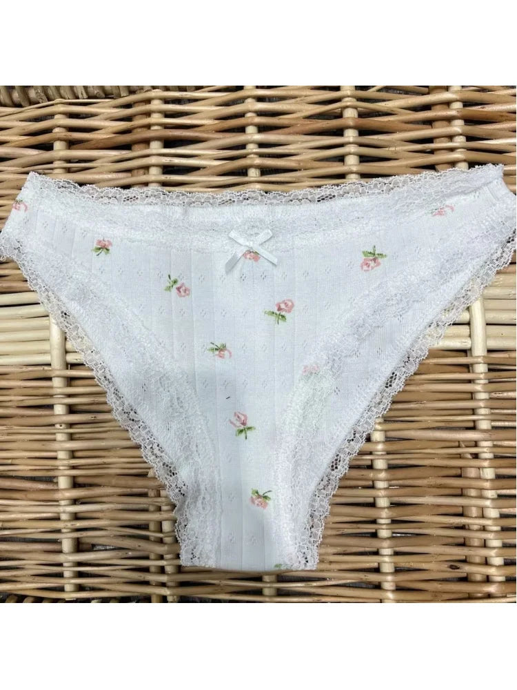 Casual Women Fashion Lace Edge Triangular Shorts 2023 Summer Vintage Sexy Bow Underpants Female Cute Floral Briefs