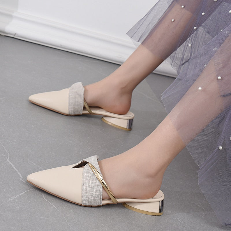 Elegant Low Heel Women Mules Summer Sexy Pointed-Toe Ladies Slippers Slip on Leisure Ladies Office Shoes Beige Pumps Female