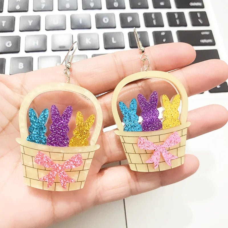 1 Pair Glitter Rabbit Carrot Bamboo Basket Acrylic Studs Earrings For Women Long Ear Rings Designer Jewelry Happy Easter Gifts