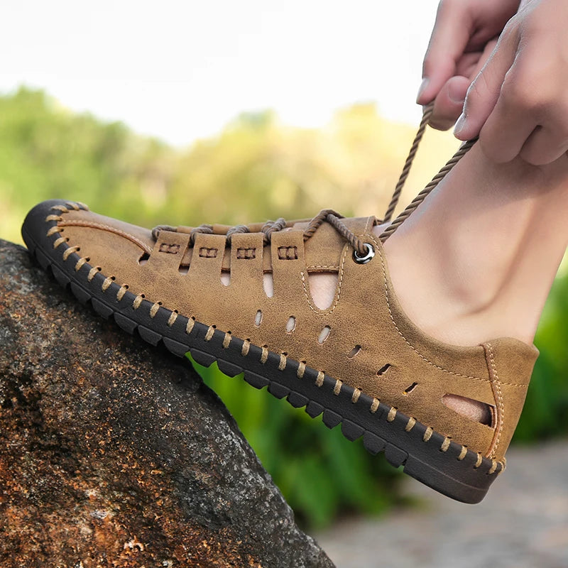 2023 New Summer Men Genuine Leather Sandals Business Casual Shoes Men Outdoor Beach Sandals Roman Men Summer Water Shoes Size 48