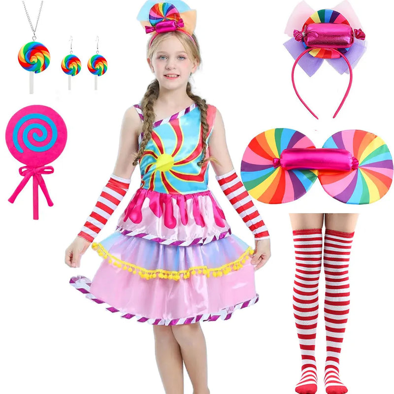 Candy Fairy Costume Girls Lollipop Cosplay Dress Toddler Carnival Purim Rainbow Vestidos Christmas Party Princess Clothing Gown