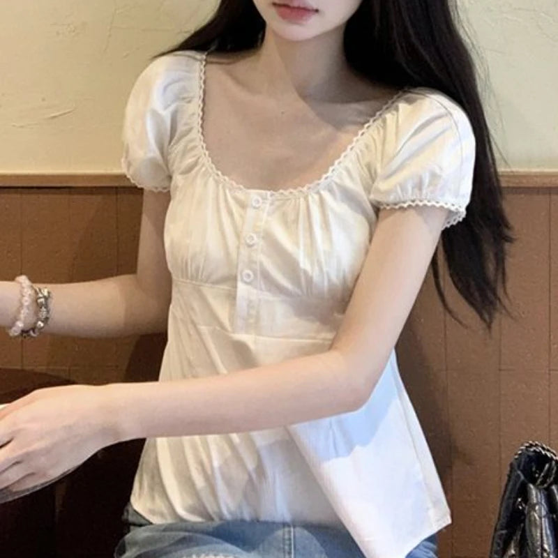 Puff Sleeve Blouses Women Solid Summer Vintage Mujer Temperament Button Sexy Streetwear Clothing Tender Aesthetic New Ulzzang