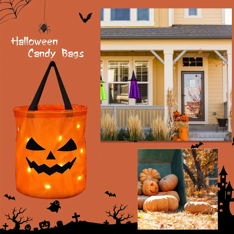 LED Light Halloween Trick or Treat Bucket Pumpkin Candy Bags Collapsible Halloween Basket for Thanksgiving Party Gift Basket