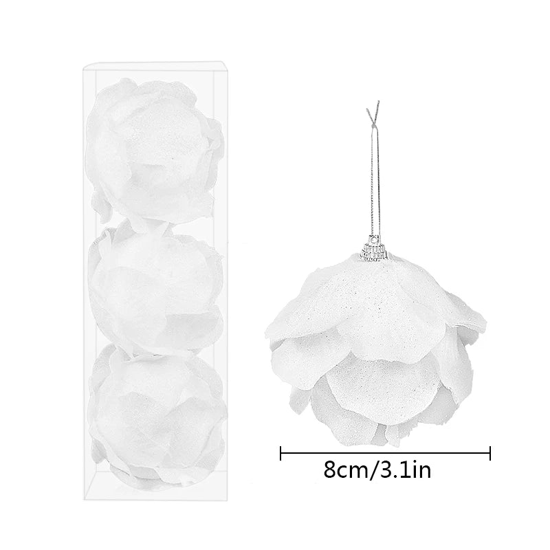 3pcs/Box Christmas Tree Ornaments White Glitter Petal Shape Balls Foam Snow Ball Christmas Pendants New Year Home Hanging Decor