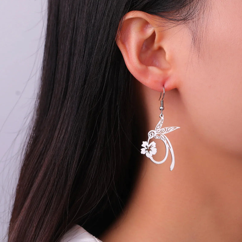 Skyrim Hummingbird Flower Pendant Drop Earring Stainless Steel Gold Color Women's Earrings Animal Jewelry Christmas Gift New In