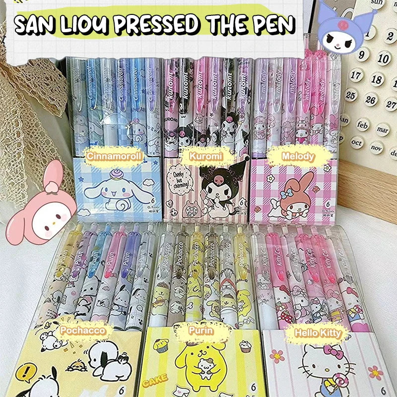 1/6Pcs/box Kawaii Sanrio Gel Pens Cute Kuromi Hello Kitty Melody 0.5mm Black Ink Press Water-based Pen Office Signature Pen