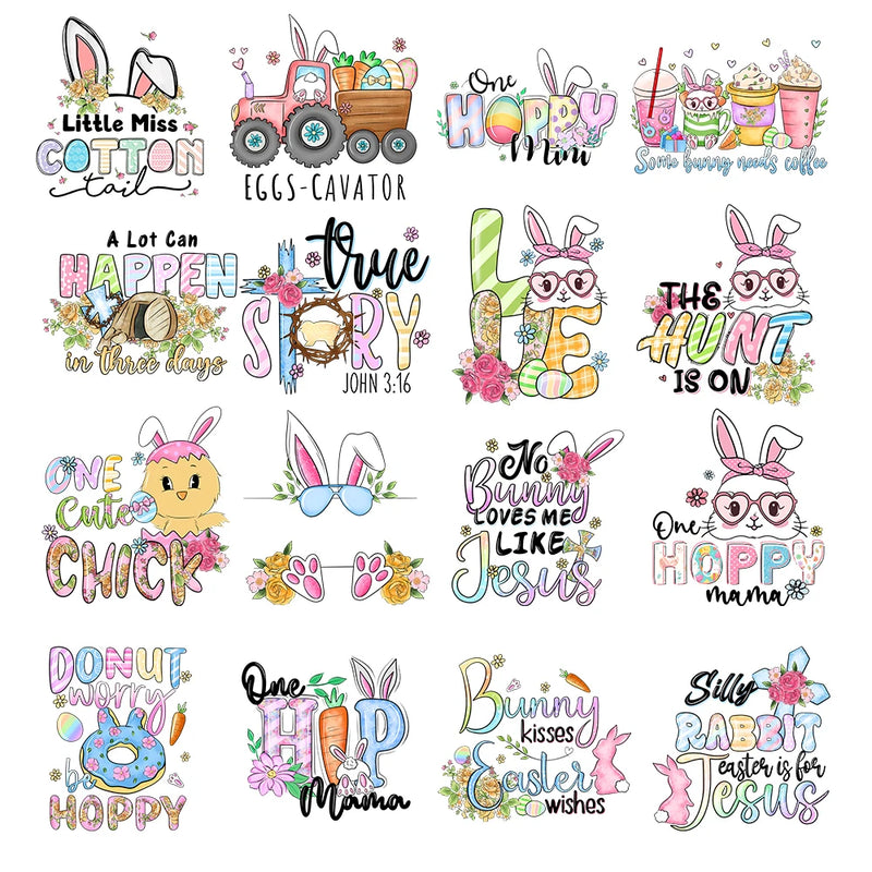 15cm New Easter Egg Rabbit Iron On Heat Transfer Stickers For Clothes DTF Pinted Vinyl Thermal Appliques Washable T-Shirt Decal