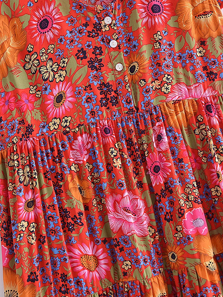 Vintage Chic Women Short Sleeve Floral Print Fashion Beach Bohemian Mini Dress Ladies V-neck Summer Rayon Cotton Boho Dresses