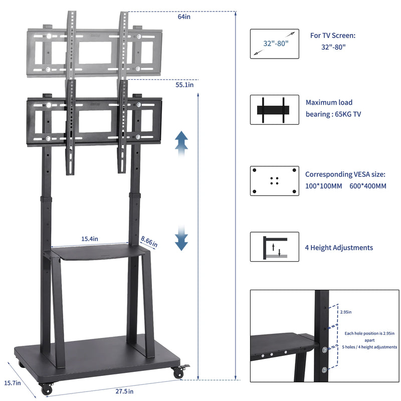 Free Standing Adjustable TV Floor Stand Heavy Duty TV Trolley for 32-80" Flat Screens Loading Weight up to 65KG