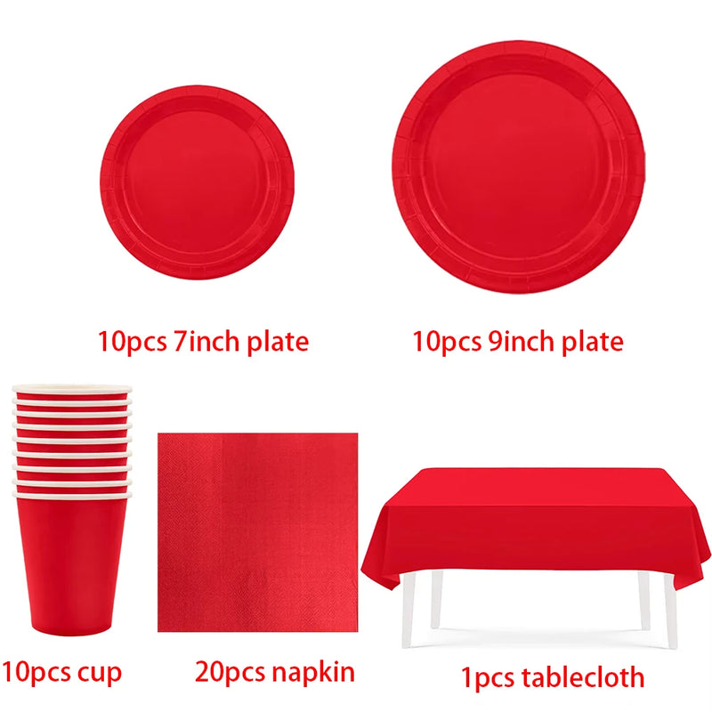 Solid Red Theme Birthday Party Supplies Disposable Dinnerware Paper Napkin Cup Plate Tablecloth Banner for Wedding Decoration