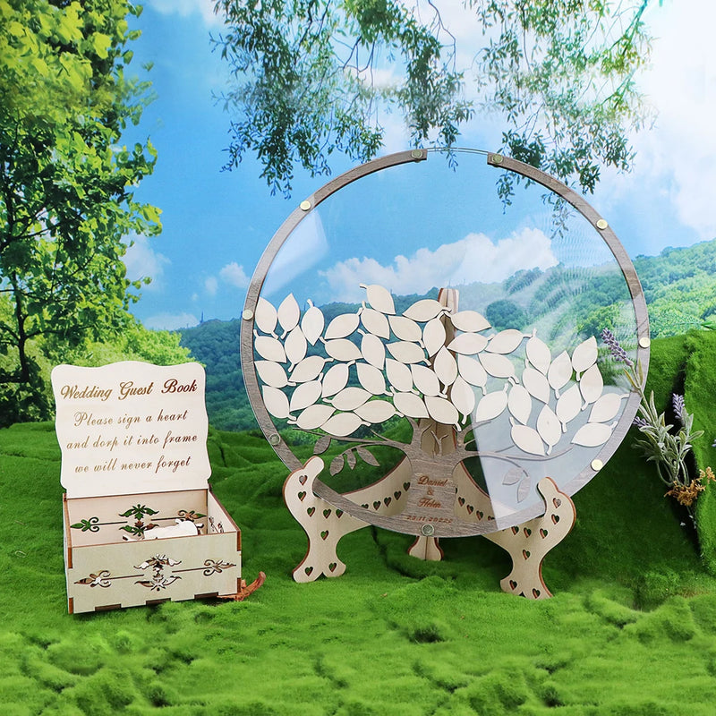 Personalized Drop Round Wedding Guest Book Tree with Box and 80Pcs Leafs，Tree with Leaves Wedding Guest Book Alternative