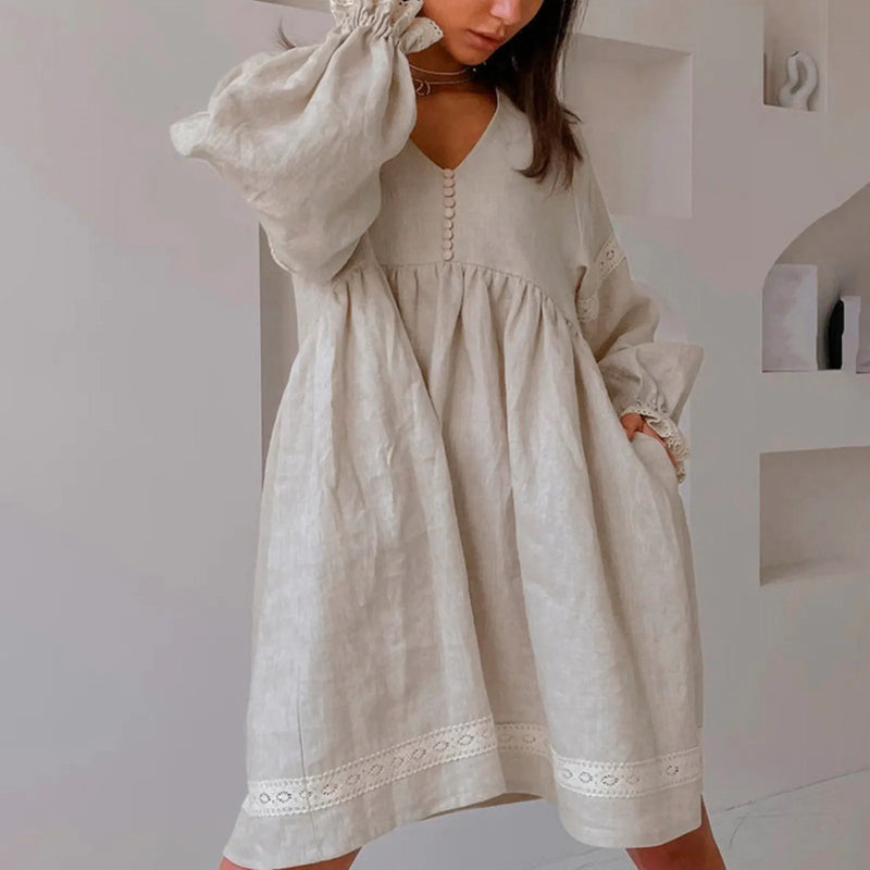 Women'S French Loose Dress Temperament Commuting V Neck Dress Lace Long Sleeve Loose Fitting Dresses Button Female Dress