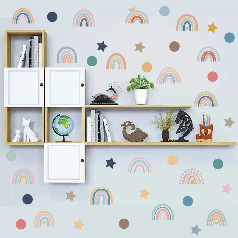 4 Sheets Cute Wall Decals DIY Rainbow Dots Stars Theme Boys Kids Room Wall Stickers Removable Vinyl Wall Art Decor