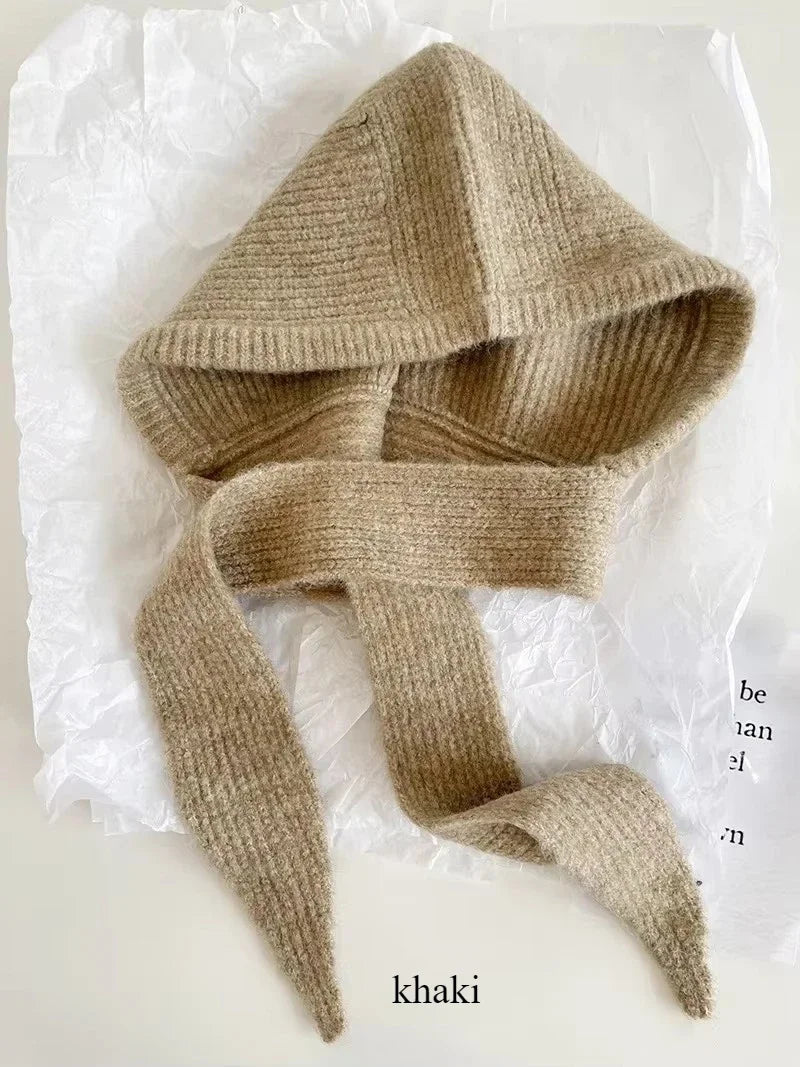 Korean Knitted Beanies Cap Autumn Winter Warm Lady Cute Pleasant Balaclava Cap Bonnet Fashionable Versatile Strap Hooded Hat