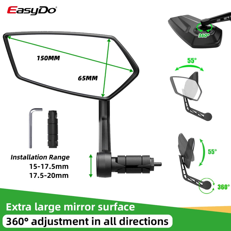 EasyDo Bicycle Rear View Mirror Handlebar End Mountain Bike Durable Wide Range Back Sight Reflector Adjustable HD Convex Glass