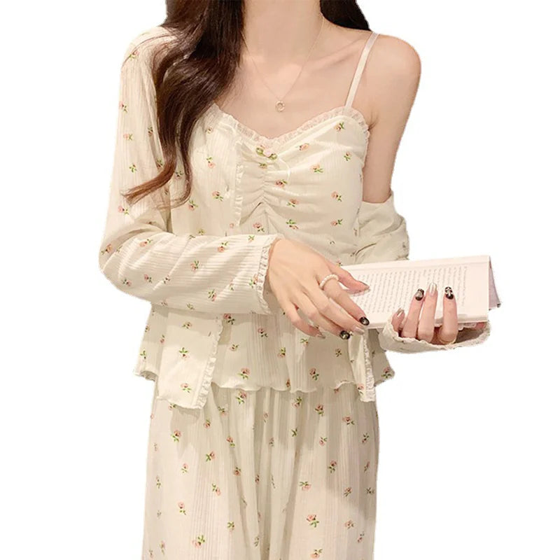Pajamas Female Long-Sleeved Spring And Autumn Suspenders Trousers Three-Piece Set With Cushion Sweet Pajamas Homewear Suit