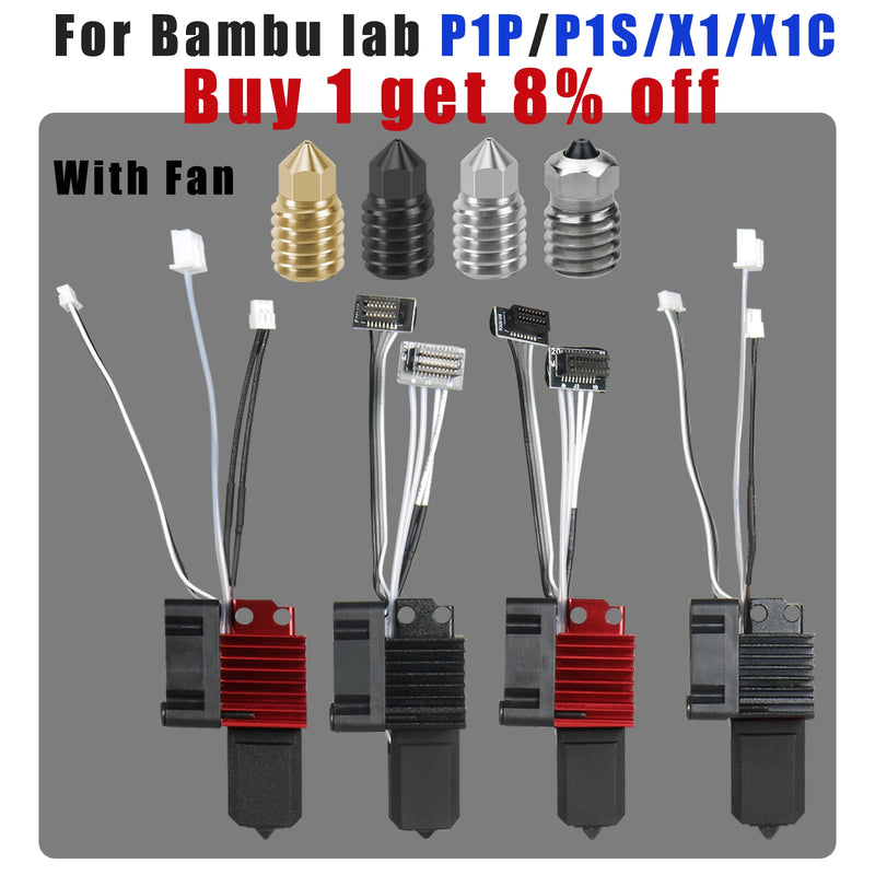 For Bambu P1P/X1C  Hotend Kit Hardened Steel Nozzle for Bambulab P1s Upgrade Hotend With Fan Complete for Bambu Lab X1 Carbon