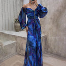 Printing Ladies Long Dress Gathering Pleated Long Sleeved Maix Dresses For Womens Wedding Guest High Slit Cocktail Party Dress