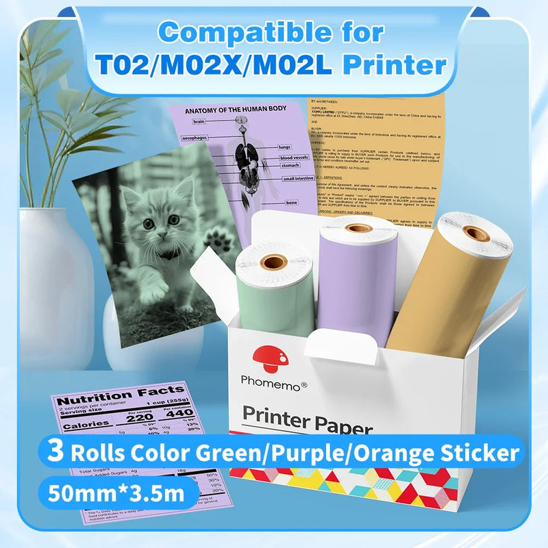 3 Rolls Phomemo White Sticker Paper Thermal Label for T02 M02L Portabal Mini Printer Keep for 10 Years Sticky Paper 50mm/53mm