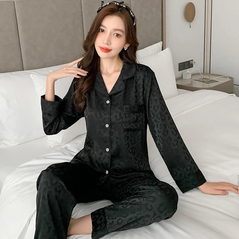 Women's 2 Piece Pajamas Sets Leopard Black Pijama Faux Silk Satin Lapel Pyjama Female Sleepwear LongSleeve Shirt Pants Homewear