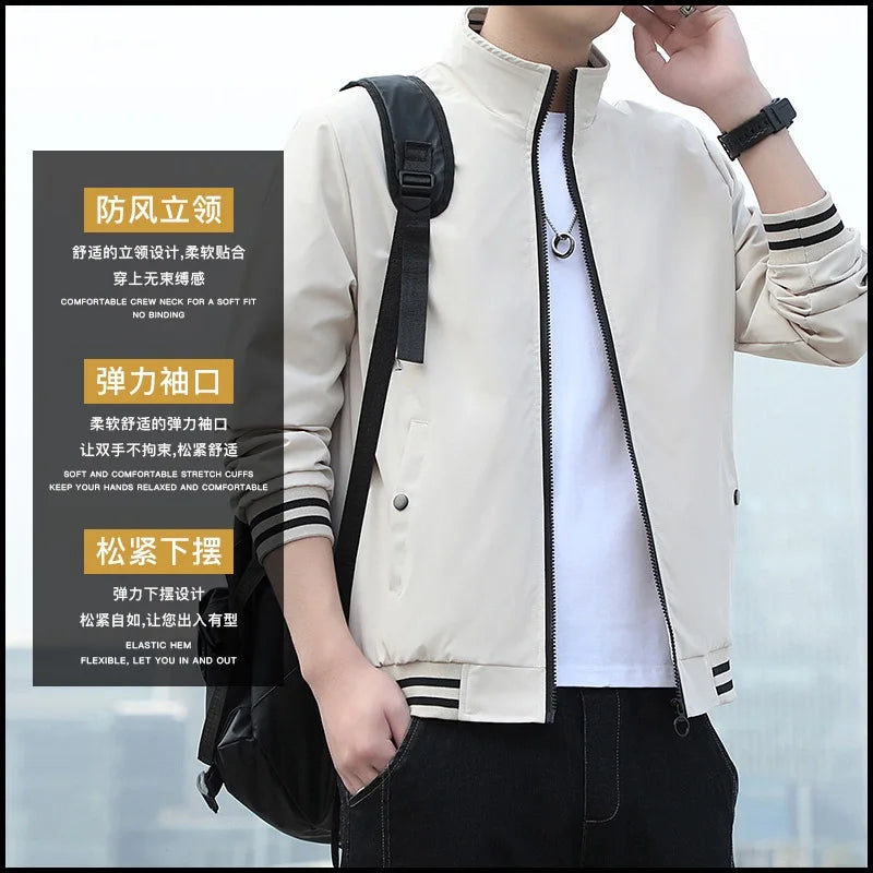 2024 New Coat Men's Trendy Slim Fit Top Spring and Autumn Leisure Standing Collar Youth Striped Jacket