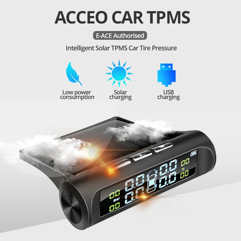 E-ACE 4 TPMS sensor Solar Power Car Tire Pressure Monitoring System Car Safety Tire Pressure Alarm System Digital Display Smart