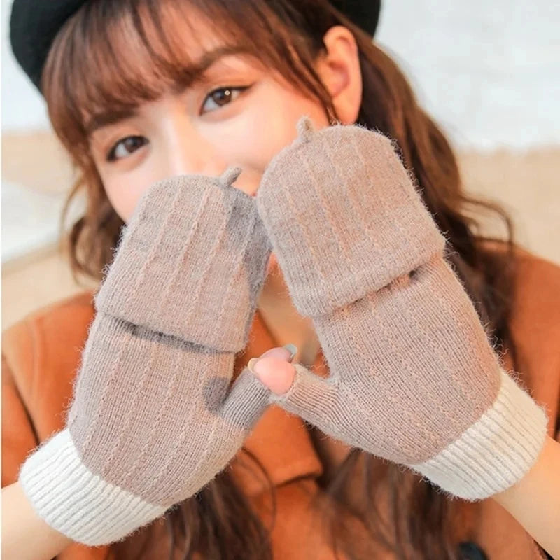 Autumn And Winter Knitted Men And Women Gloves Outdoor Windproof Warmth FingerlessFlip Cover All-match Woolen Gloves