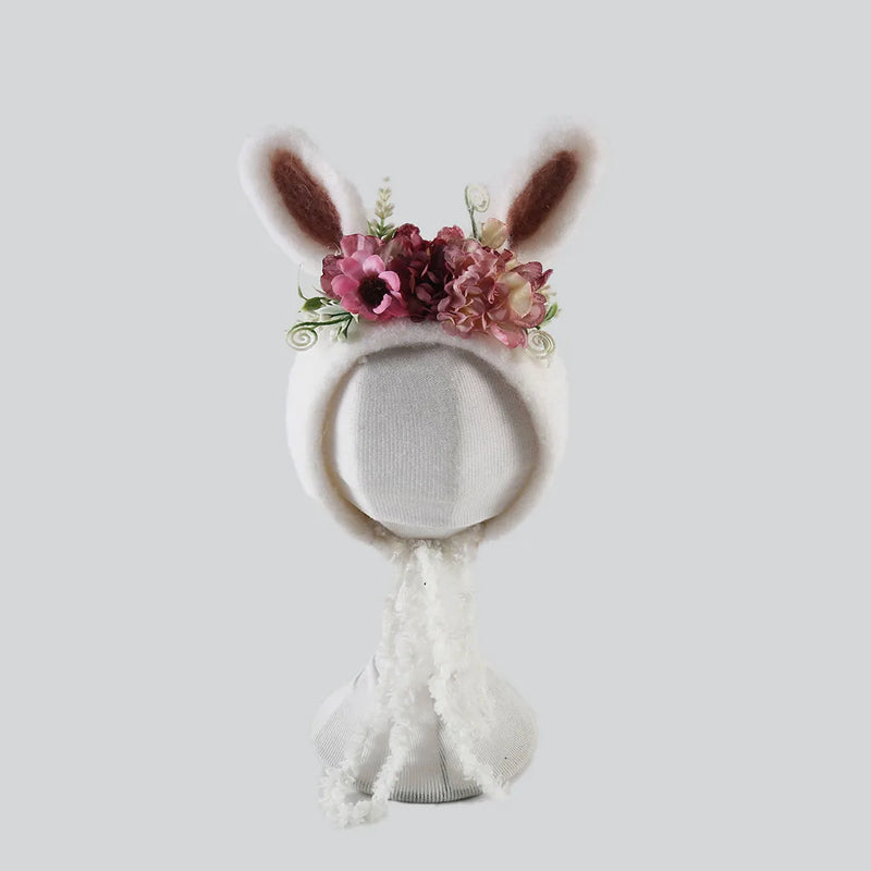 Newborn Wool Felt Fox Flower Bonnet Newborn Photography Props Baby Animal Floral Garden Hat Photo Shoot